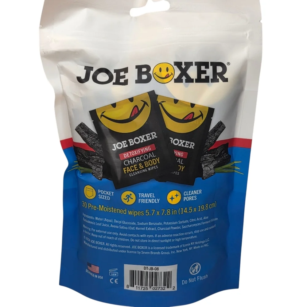 Joe Boxer Detoxifying Charcoal Face & Body Cleansing Wipes Travel Body Wash 30ct